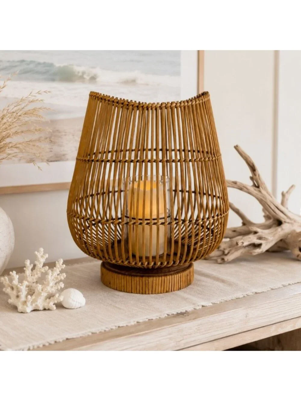 Vintage Bamboo Lantern Woven Candle Holder Glass Hurricane Coastal Table Decor
